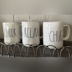 RAE DUNN Lot Of 3 Coffee Mugs CHEER ~ RELAX ~ CHUG Gently Preowned